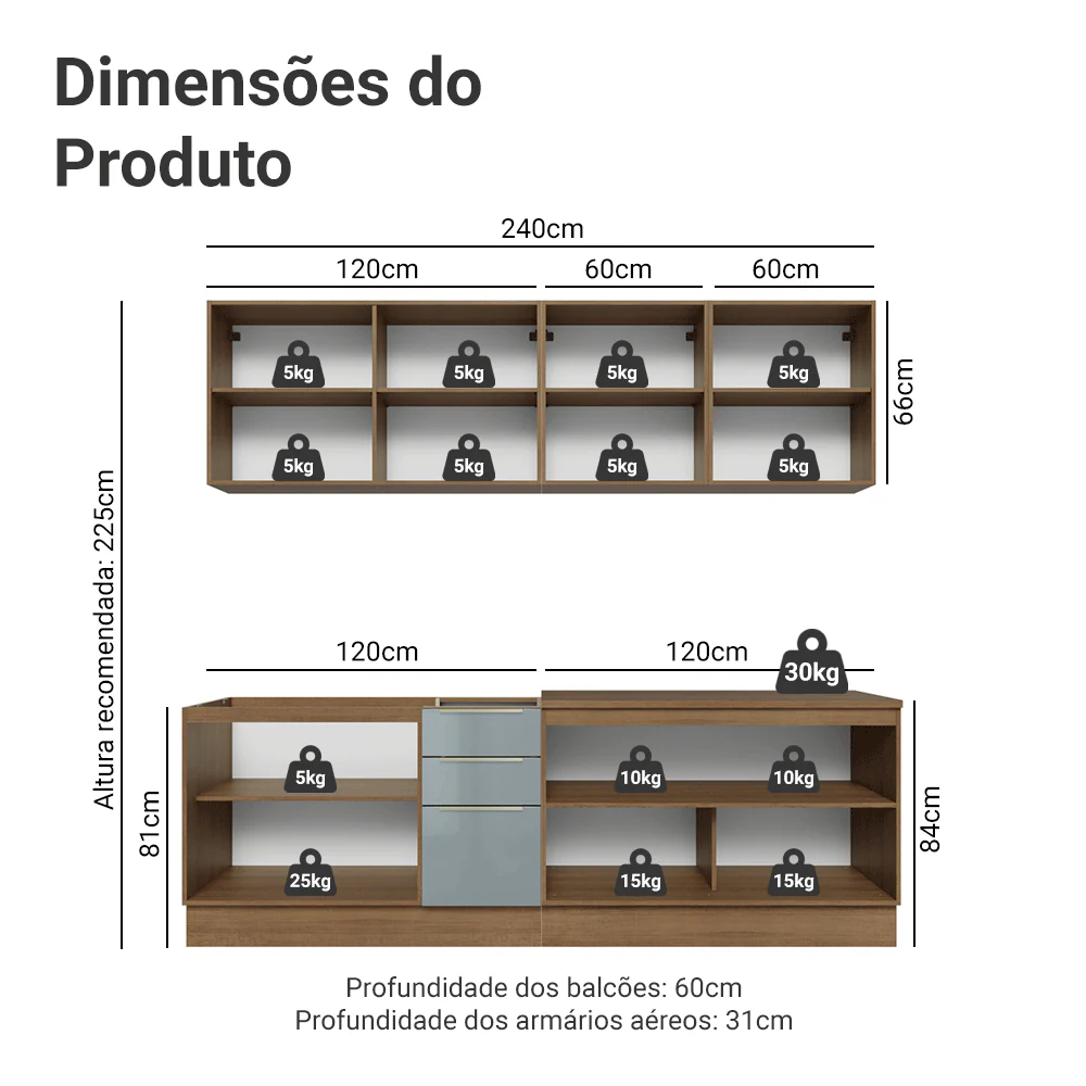 Armário de Cozinha Completa 240 x 60 cm Rustic/Cinza Lux Madesa 05 - Image 3