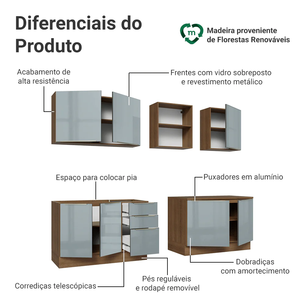 Armário de Cozinha Completa 240 x 60 cm Rustic/Cinza Lux Madesa 05 - Image 4