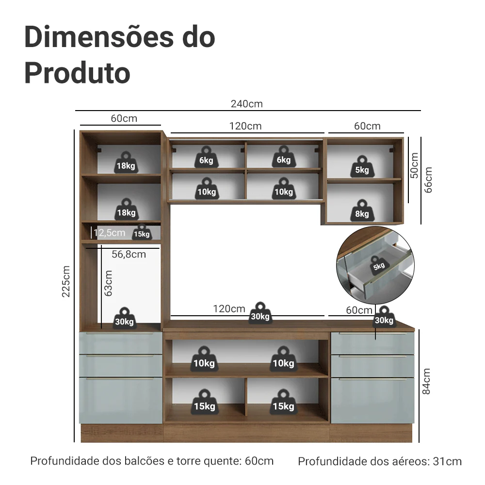 Armário de Cozinha Completa 240 x 60 cm Rustic/Cinza Lux Madesa 08 - Image 3