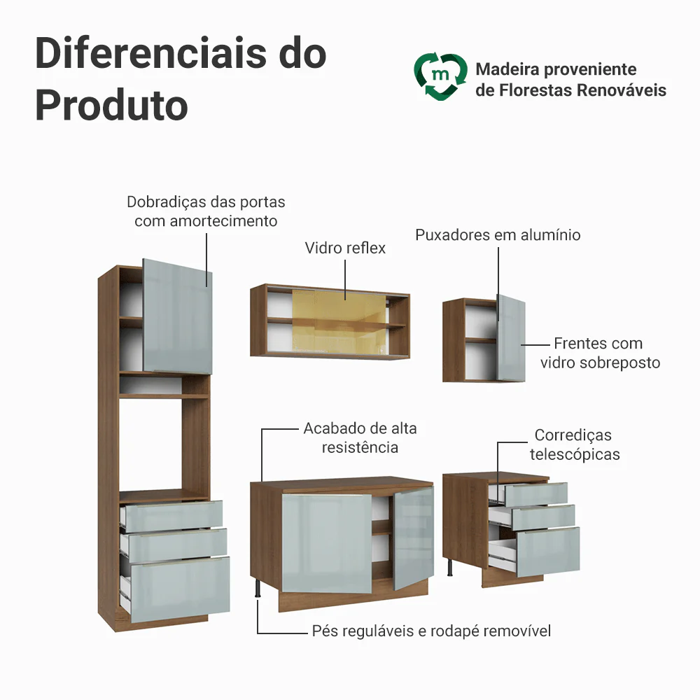 Armário de Cozinha Completa 240 x 60 cm Rustic/Cinza Lux Madesa 08 - Image 4