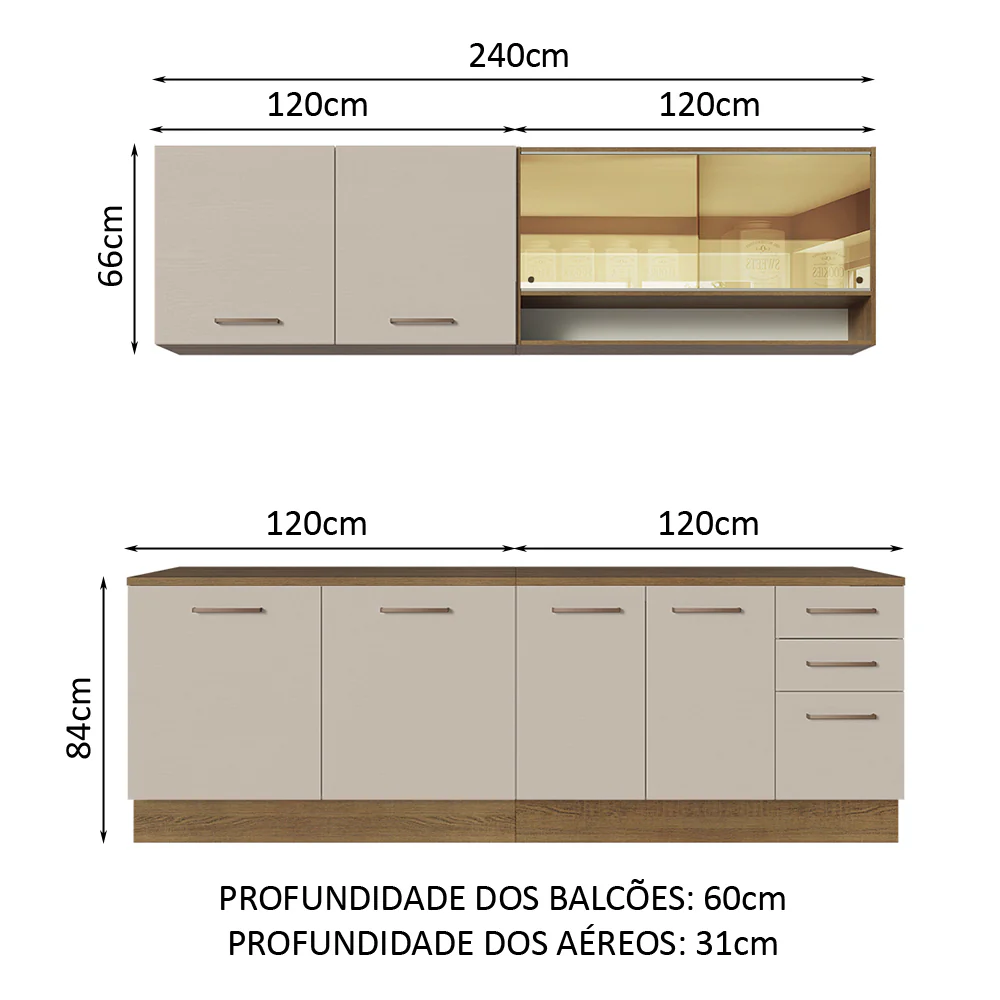 Armário de Cozinha Completa 240cm Rustic/Crema 60cm de Profundidade Agata Madesa 01 - Image 3