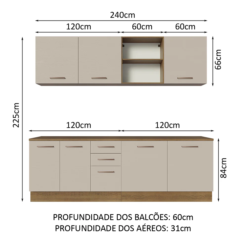 Armário de Cozinha Completa 240cm Rustic/Crema 60cm de Profundidade Agata Madesa 02 - Image 2