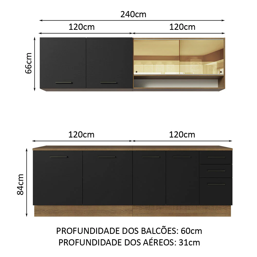 Armário de Cozinha Completa 240cm Rustic/Preto 60cm de Profundidade Agata Madesa 01 - Image 3
