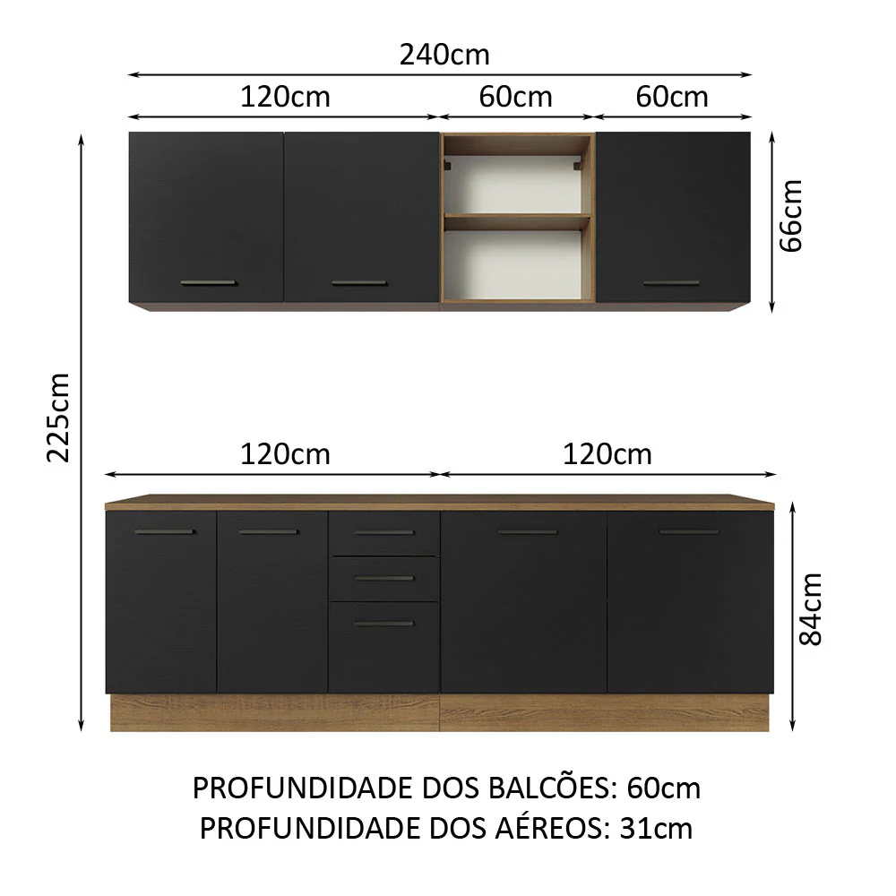 Armário de Cozinha Completa 240cm Rustic/Preto 60cm de Profundidade Agata Madesa 02 - Image 3