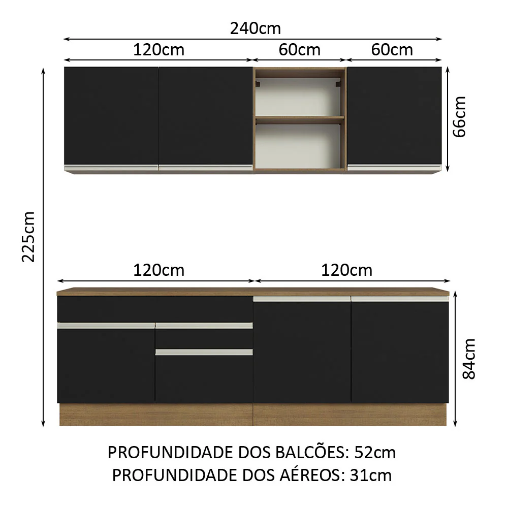 Armário de Cozinha Completa 240cm Rustic/Preto Glamy Madesa 06 - Image 3