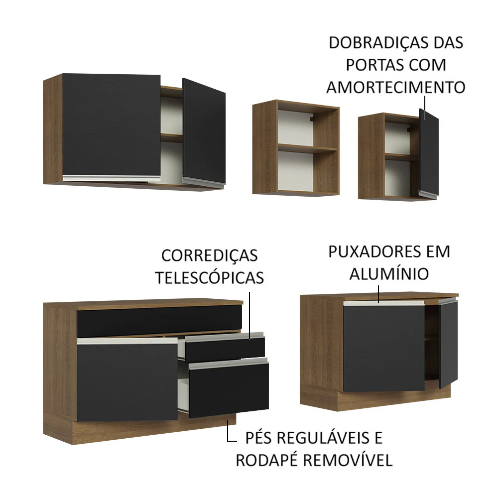 Armário de Cozinha Completa 240cm Rustic/Preto Glamy Madesa 06 - Image 4