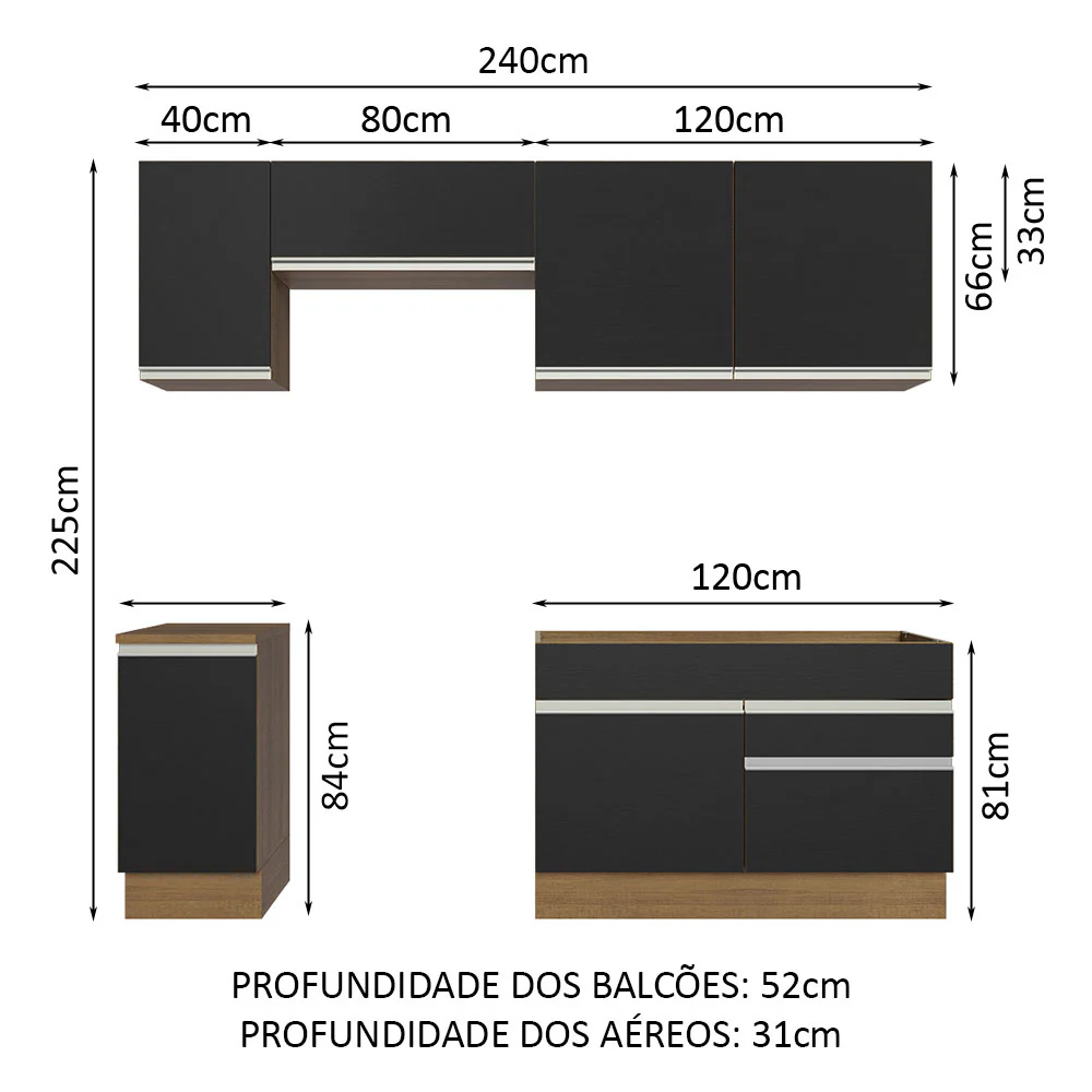 Armário de Cozinha Completa 240cm Rustic/Preto Glamy Madesa 07 - Image 3