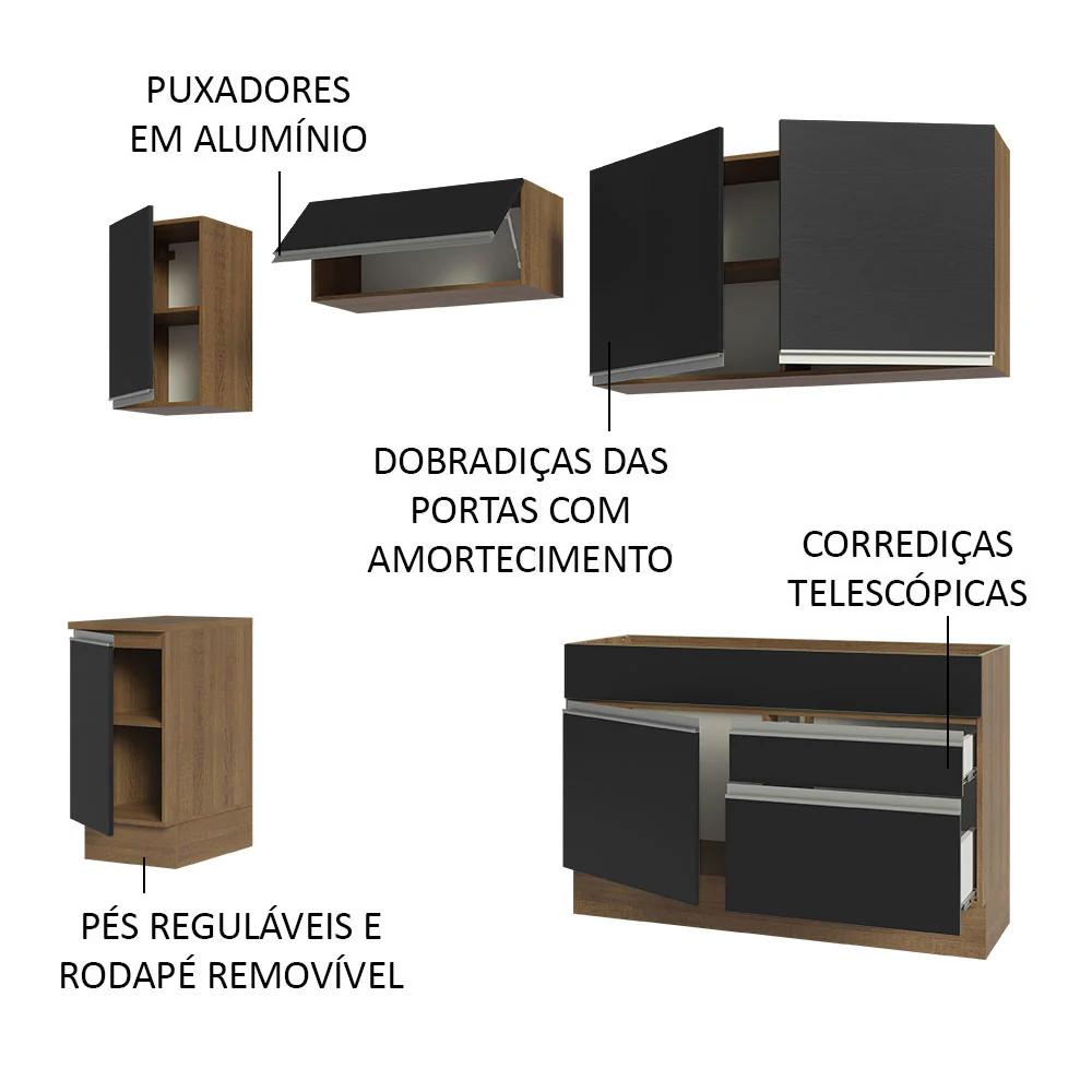 Armário de Cozinha Completa 240cm Rustic/Preto Glamy Madesa 07 - Image 4