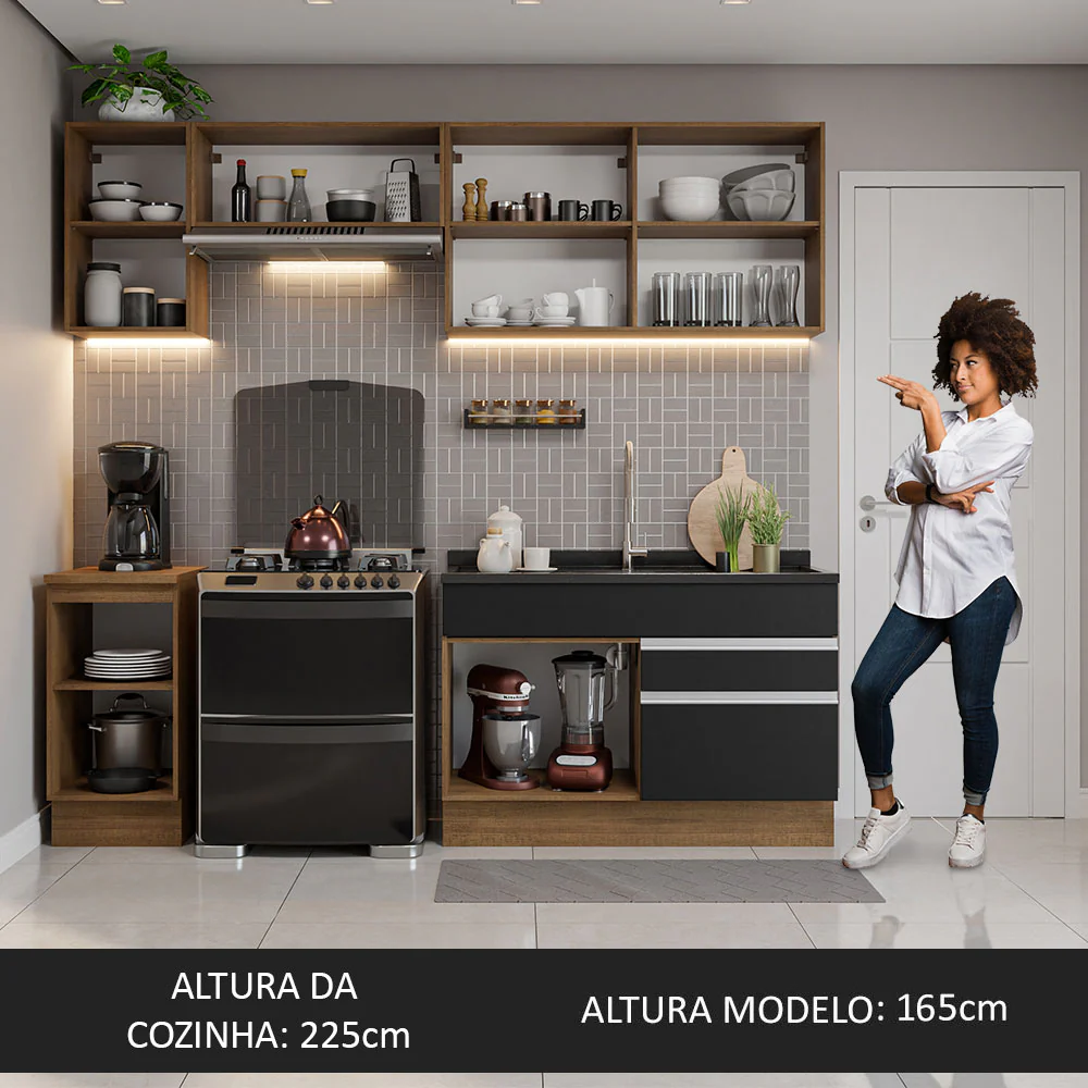 Armário de Cozinha Completa 240cm Rustic/Preto Glamy Madesa 07 - Image 5