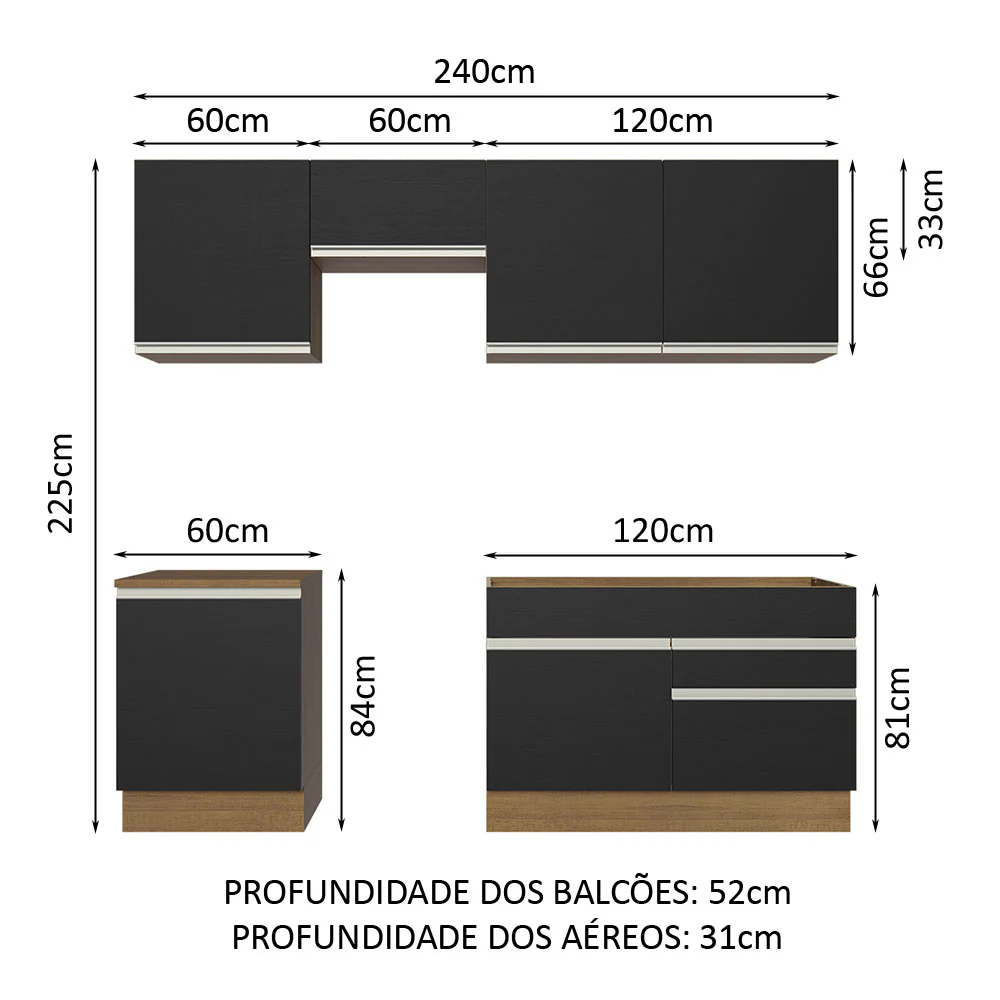 Armário de Cozinha Completa 240cm Rustic/Preto Glamy Madesa 08 - Image 3