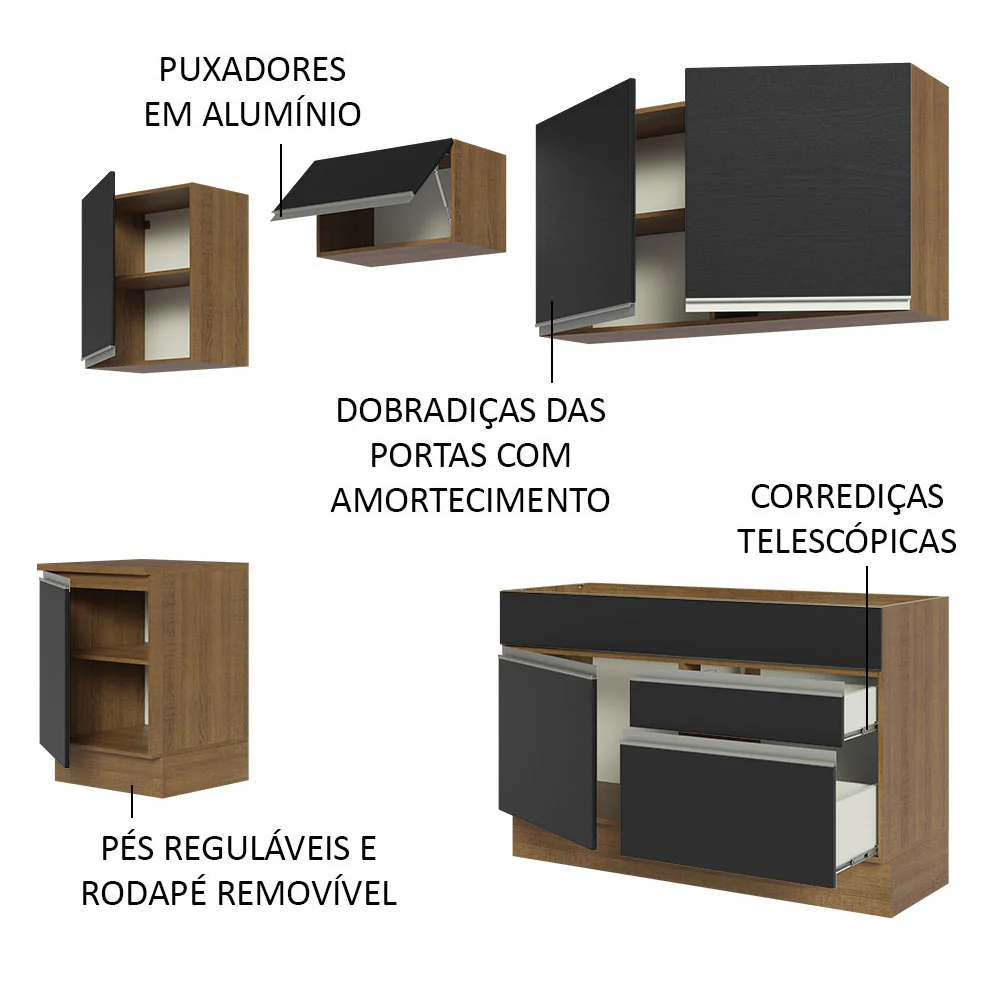 Armário de Cozinha Completa 240cm Rustic/Preto Glamy Madesa 08 - Image 4