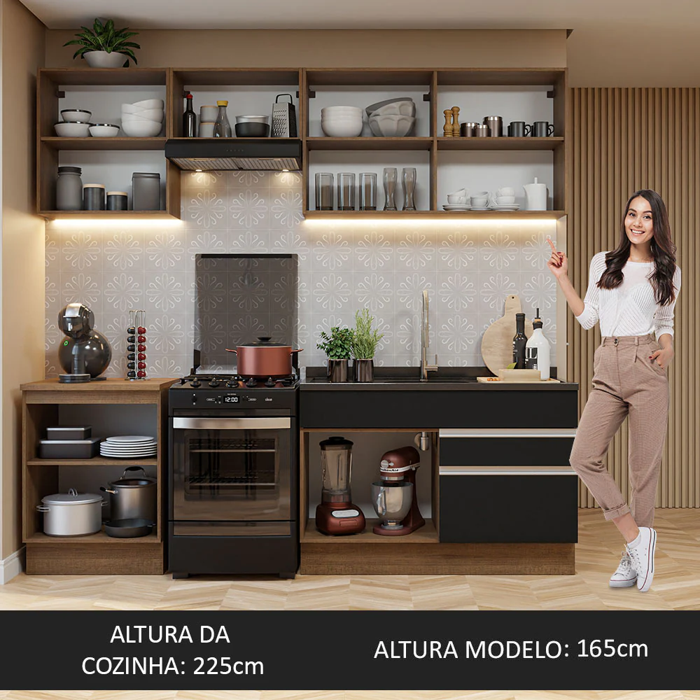 Armário de Cozinha Completa 240cm Rustic/Preto Glamy Madesa 08 - Image 5