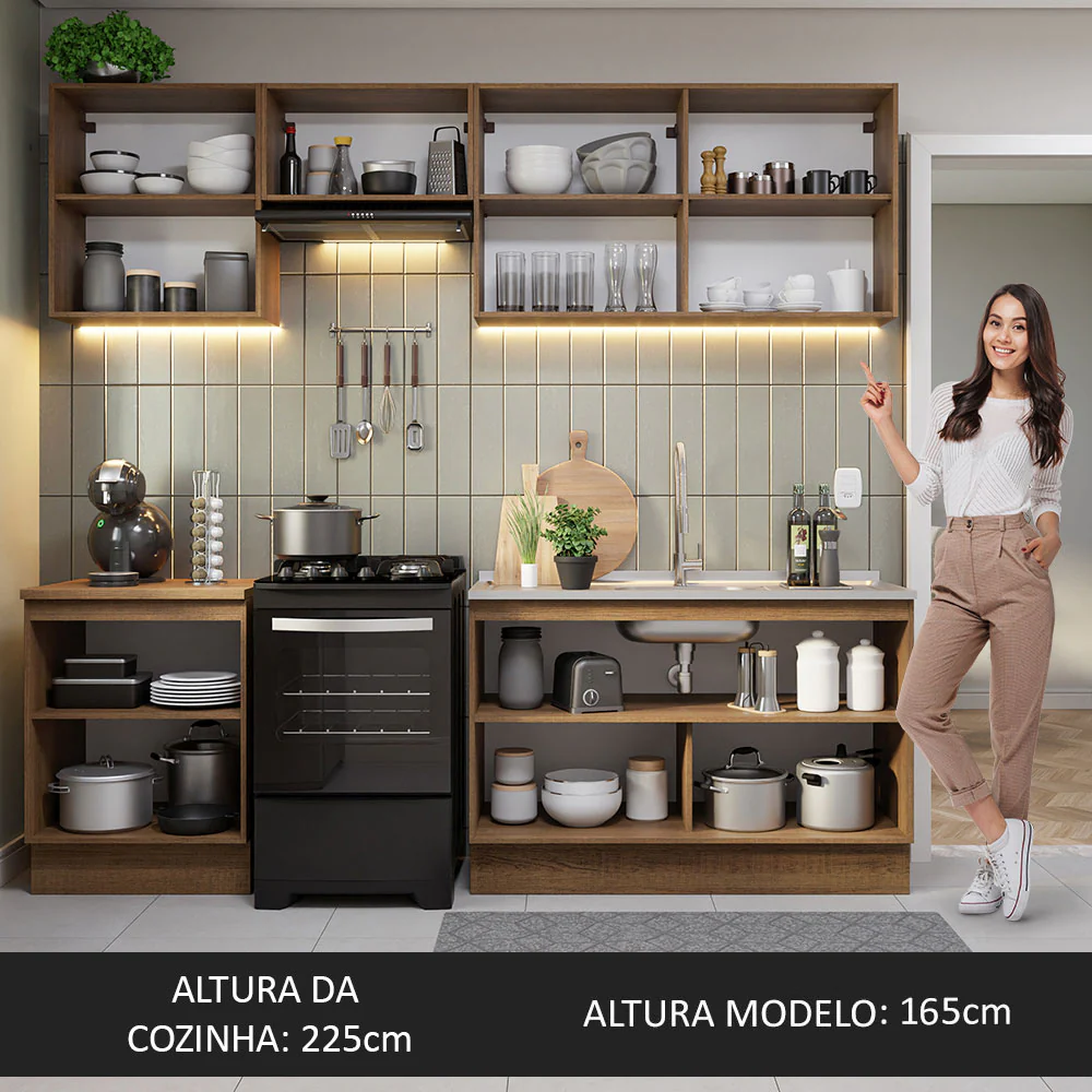 Armário de Cozinha Completa 240cm Rustic/Preto Glamy Madesa 09 - Image 6