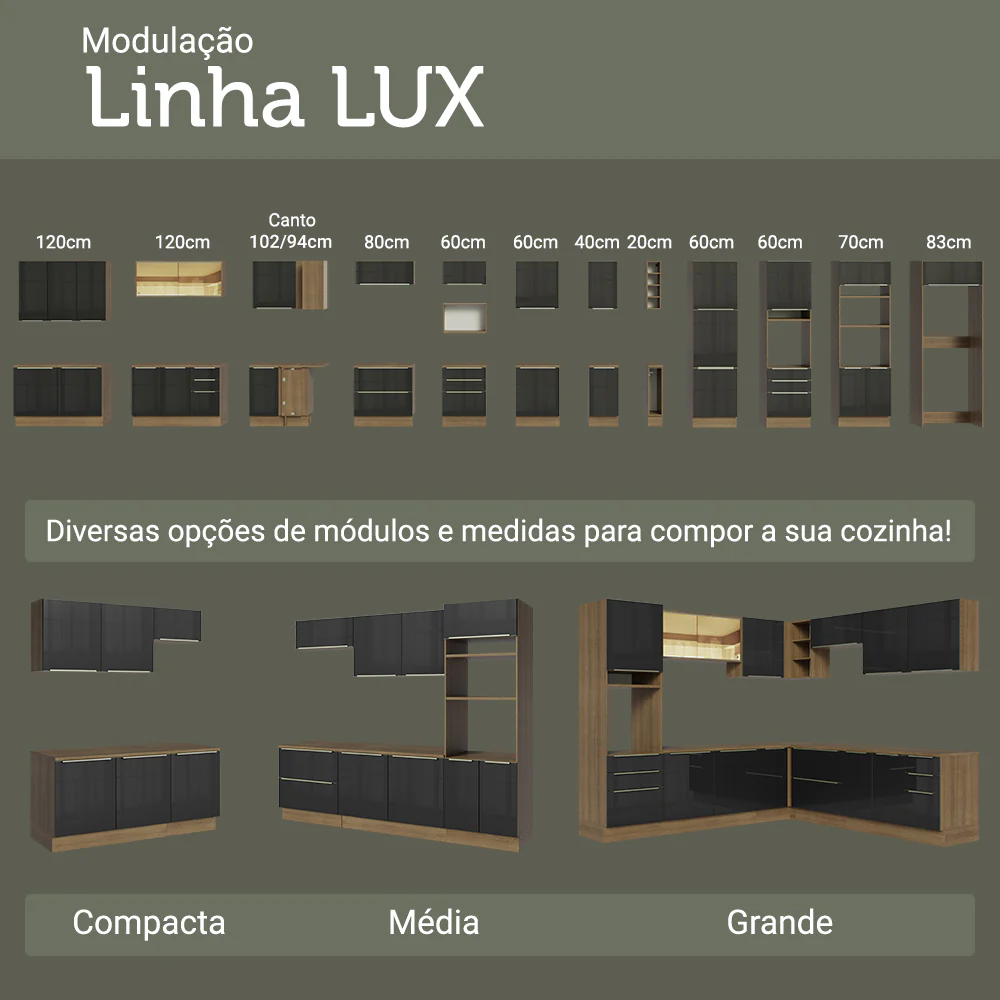Armário de Cozinha Completa 240 x 60 cm Rustic/Preto Lux Madesa 05 - Image 10