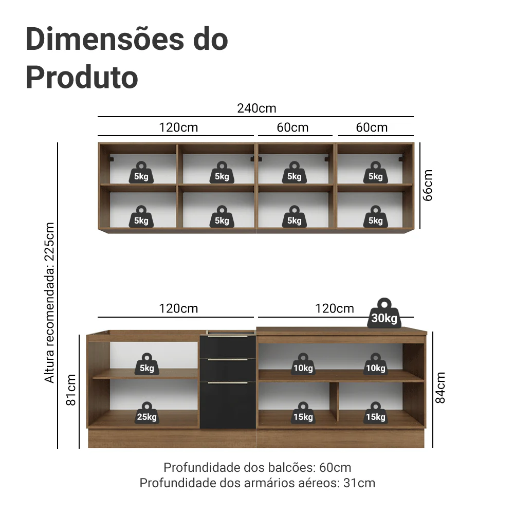 Armário de Cozinha Completa 240 x 60 cm Rustic/Preto Lux Madesa 05 - Image 3