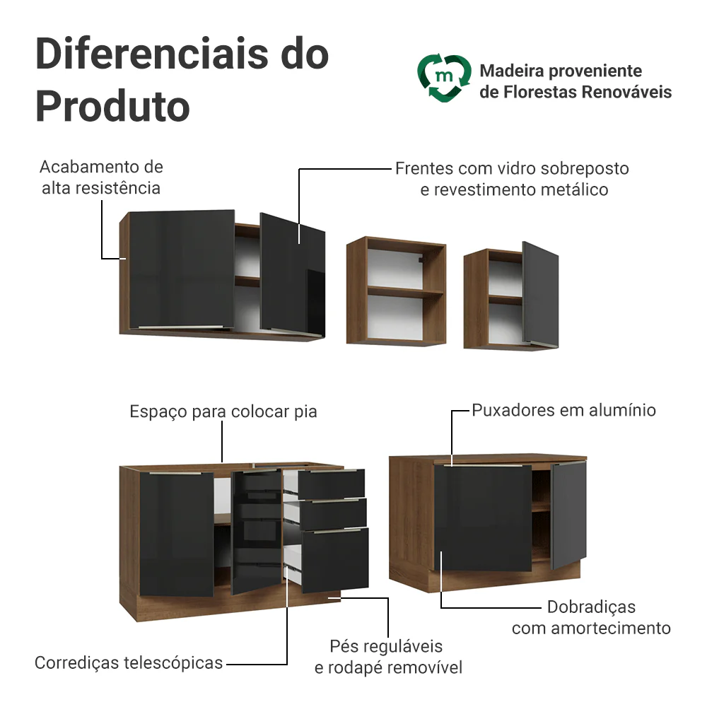Armário de Cozinha Completa 240 x 60 cm Rustic/Preto Lux Madesa 05 - Image 4