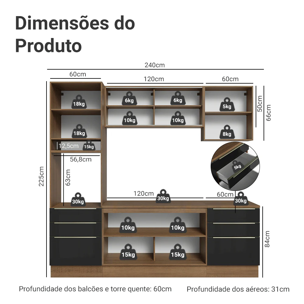 Armário de Cozinha Completa 240 x 60 cm Rustic/Preto Lux Madesa 08 - Image 3