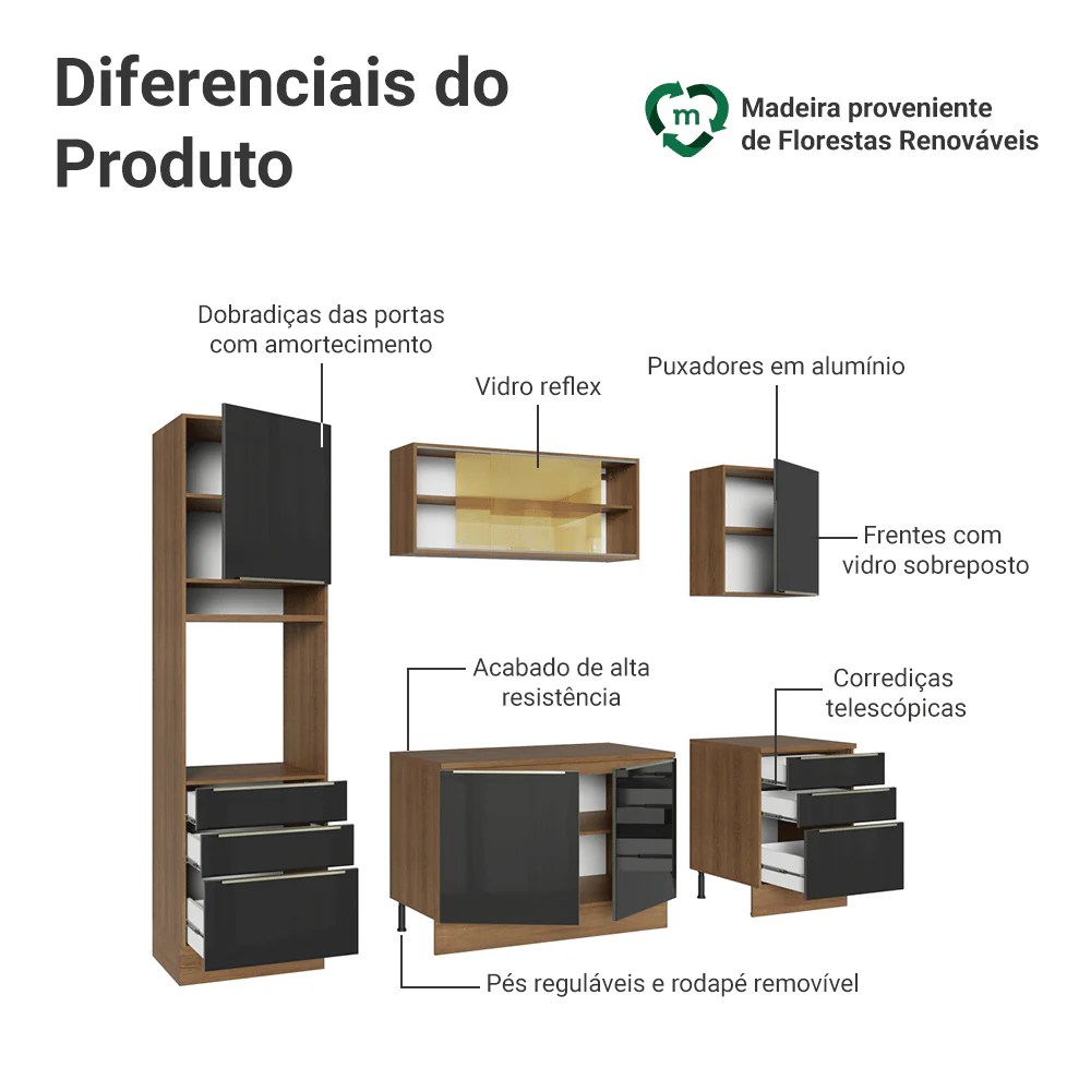 Armário de Cozinha Completa 240 x 60 cm Rustic/Preto Lux Madesa 08 - Image 4