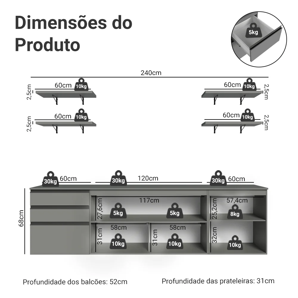 Armário de Cozinha Completa 240cm Suspensa Cinza Nice Madesa 10 - Image 3