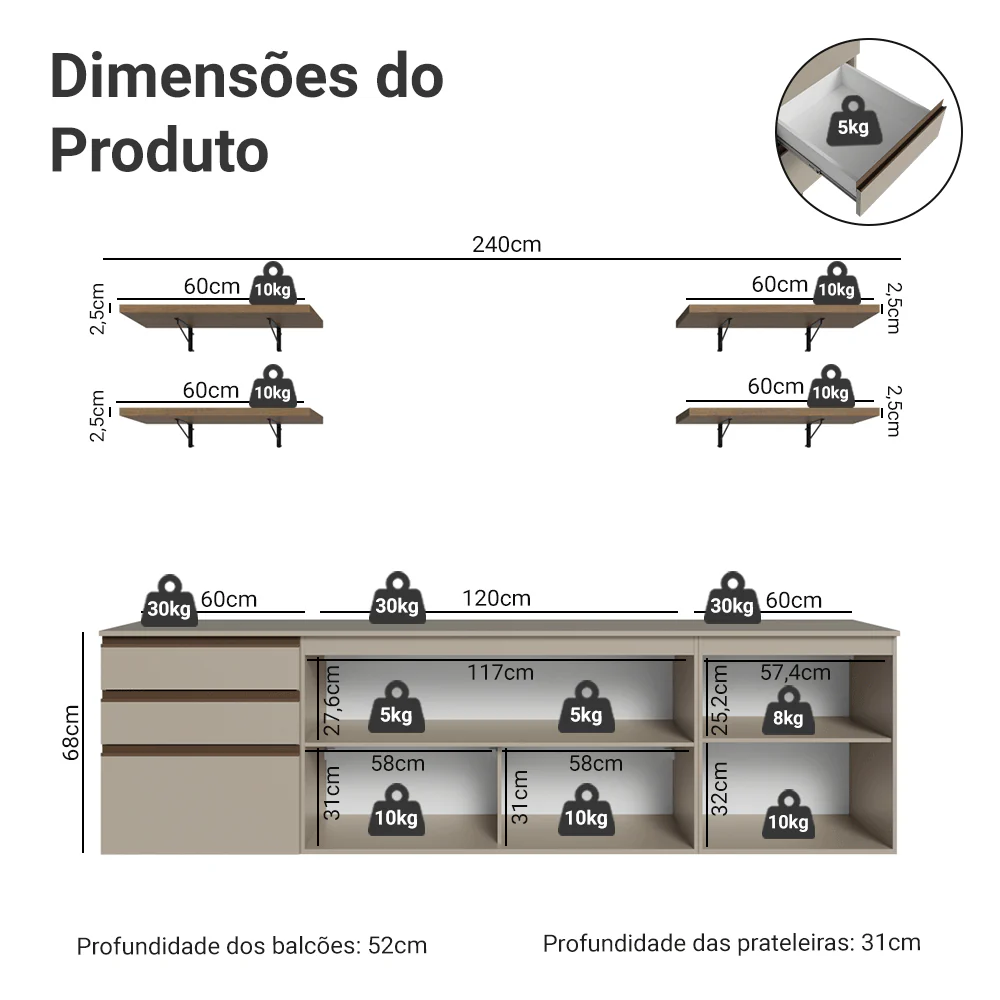 Armário de Cozinha Completa 240cm Suspensa Crema Nice Madesa 10 - Image 3