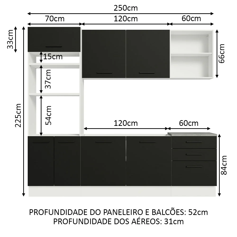 Armário de Cozinha Completa 250cm Branco/Preto Agata Madesa 01 - Image 3