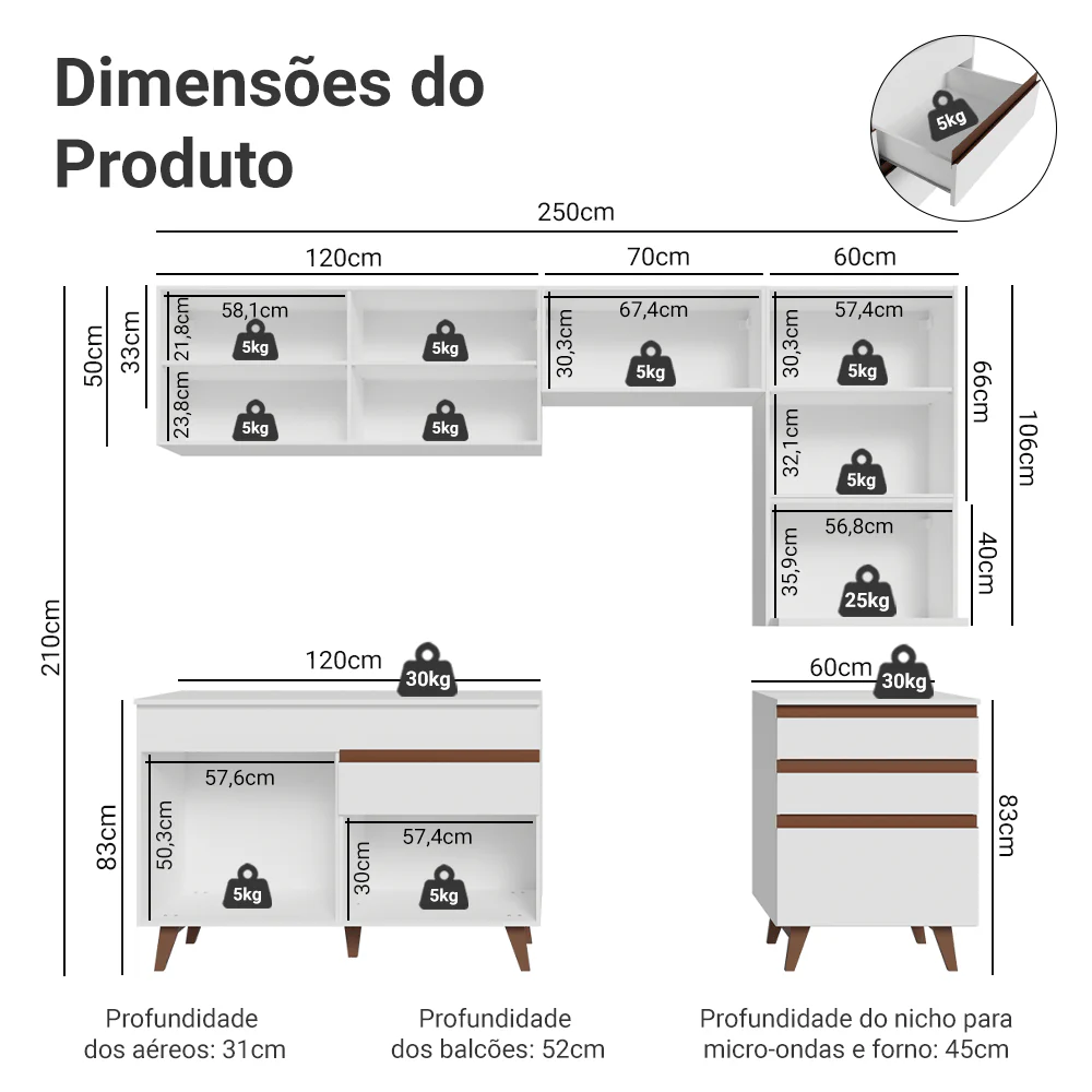Armário de Cozinha Completa 250cm Branco Reims Madesa 07 - Image 3