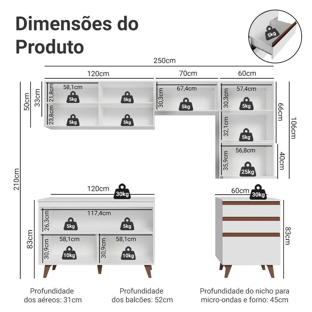 Armário de Cozinha Completa 250cm Branco Reims Madesa 08 - Image 3