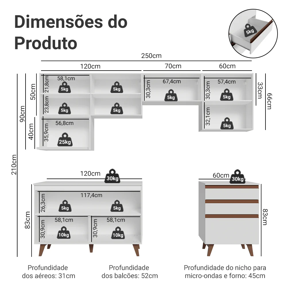 Armário de Cozinha Completa 250cm Branco Reims Madesa 09 - Image 3