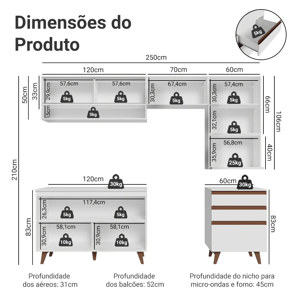 Armário de Cozinha Completa 250cm Branco Reims Madesa 10 - Image 3