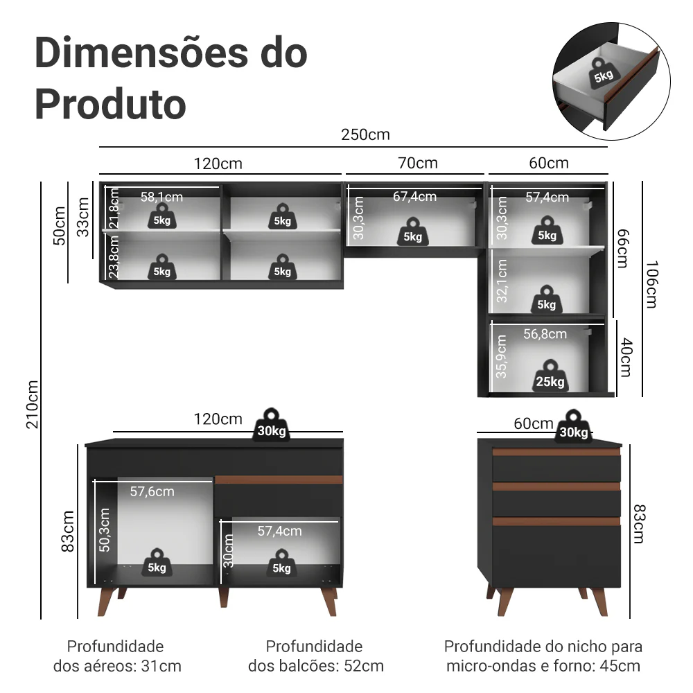 Armário de Cozinha Completa 250cm Preto Reims Madesa 07 - Image 3