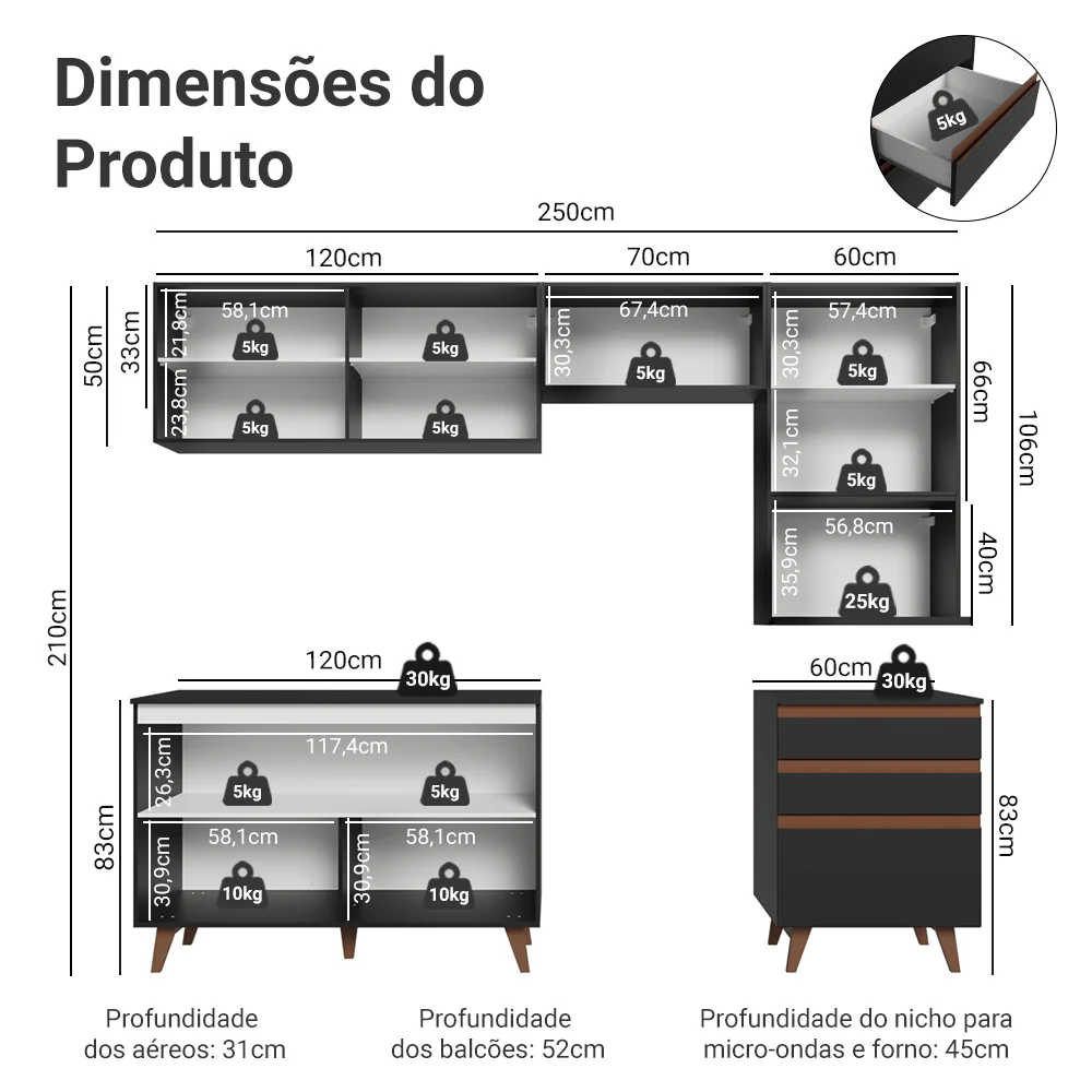 Armário de Cozinha Completa 250cm Preto Reims Madesa 08 - Image 3