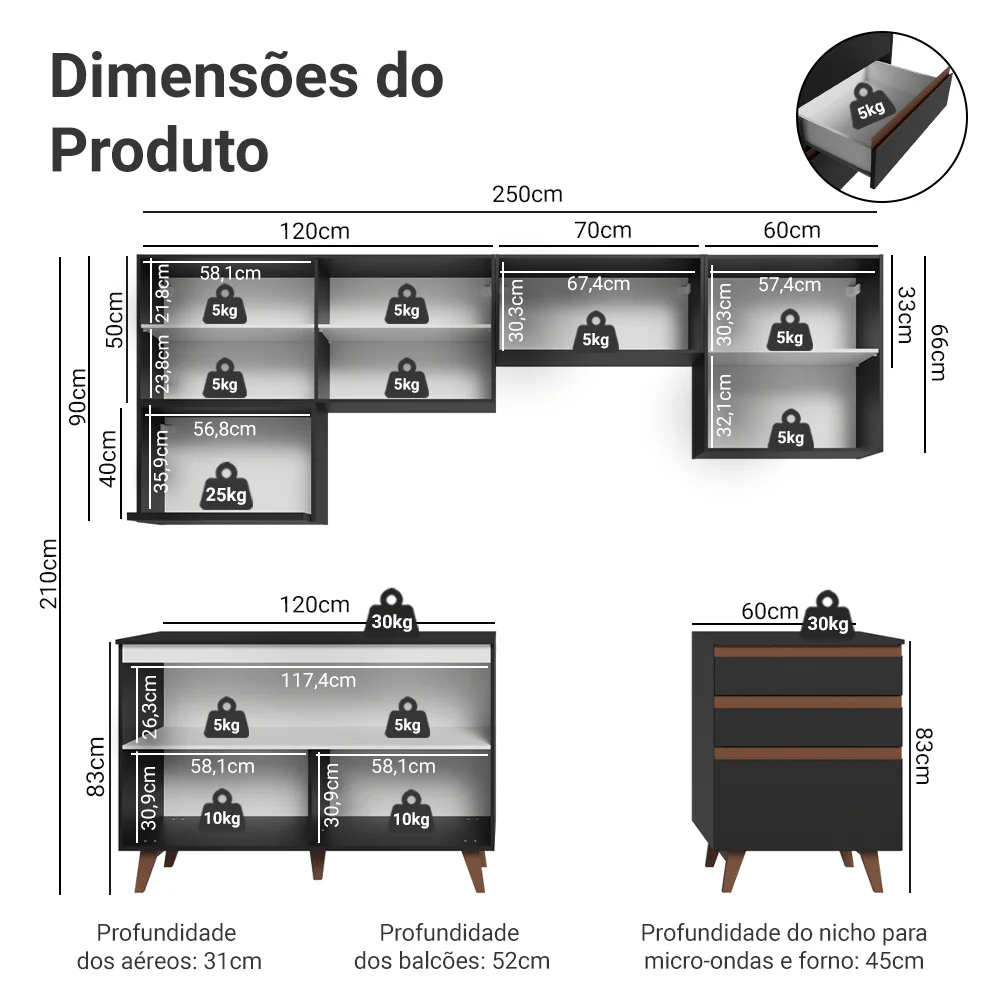 Armário de Cozinha Completa 250cm Preto Reims Madesa 09 - Image 3