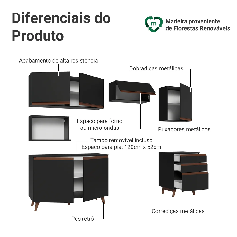 Armário de Cozinha Completa 250cm Preto Reims Madesa 09 - Image 4