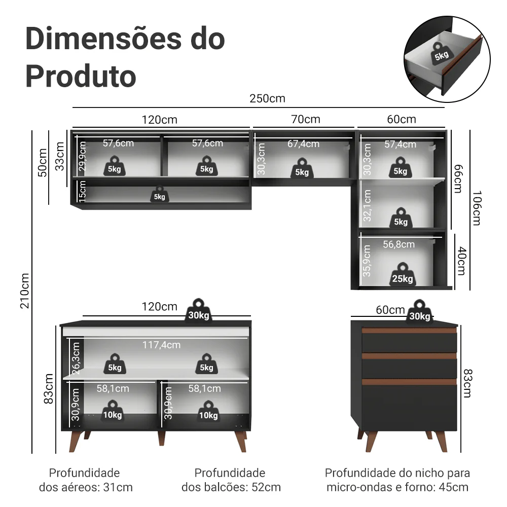 Armário de Cozinha Completa 250cm Preto Reims Madesa 10 - Image 3