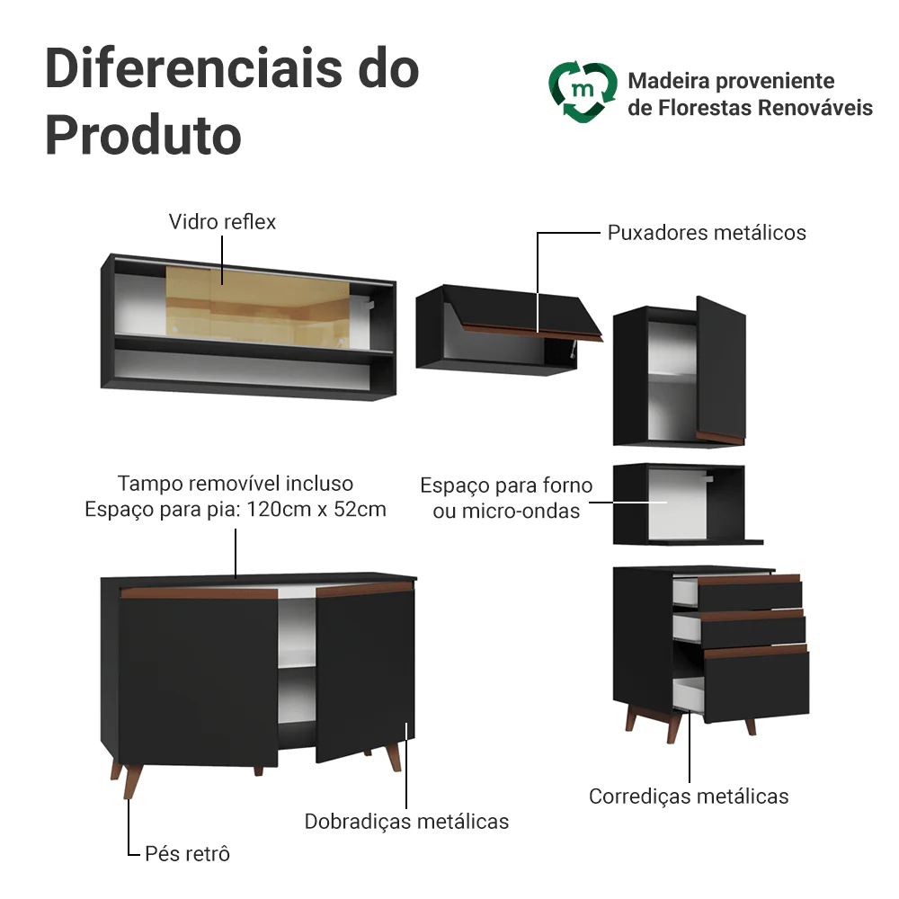 Armário de Cozinha Completa 250cm Preto Reims Madesa 10 - Image 4