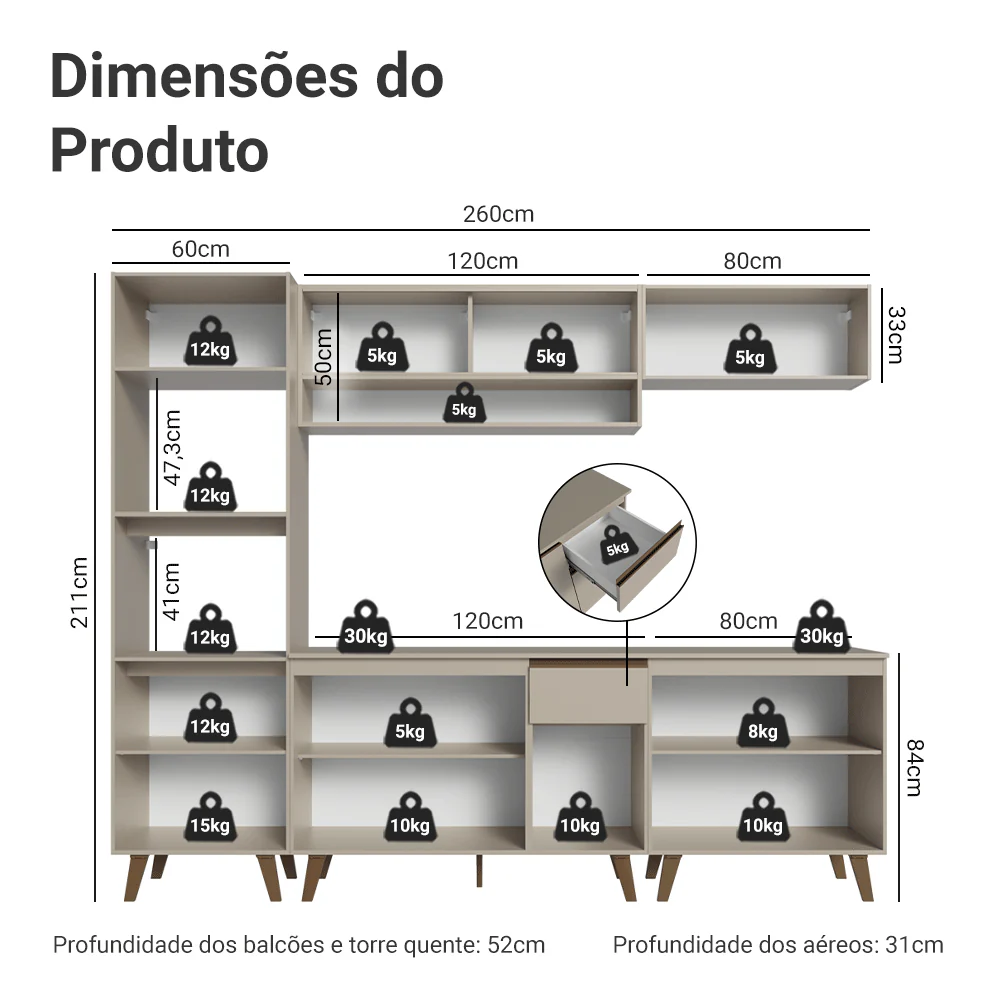 Armário de Cozinha Completa 260 cm Crema Nice Madesa 01 - Image 3