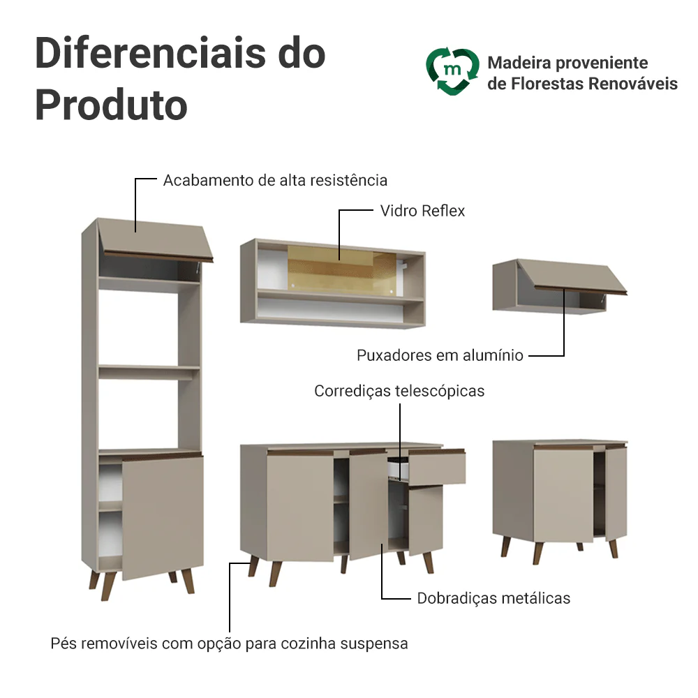 Armário de Cozinha Completa 260 cm Crema Nice Madesa 01 - Image 4