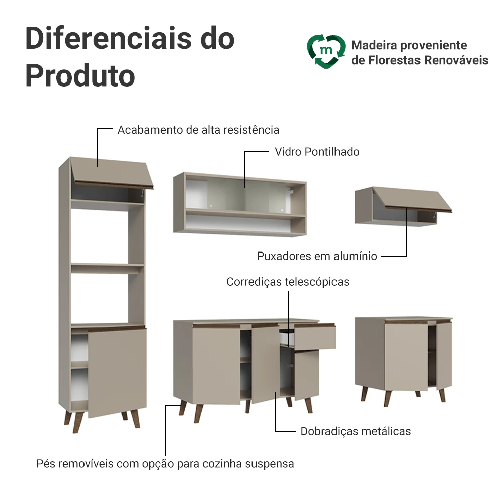 Armário de Cozinha Completa 260 cm Crema Nice Madesa 02 - Image 3