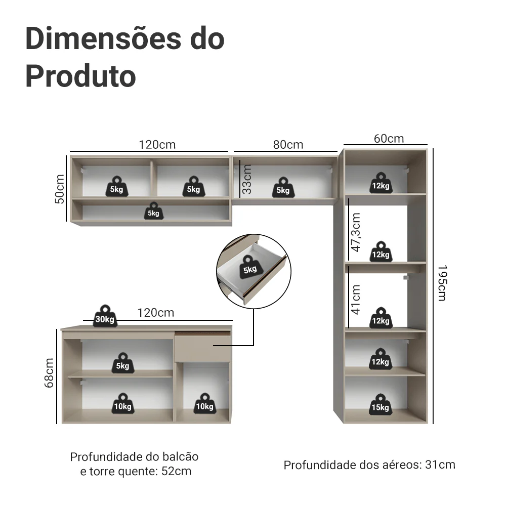Armário de Cozinha Completa 260 cm Suspenso Crema Nice Madesa 10 - Image 3
