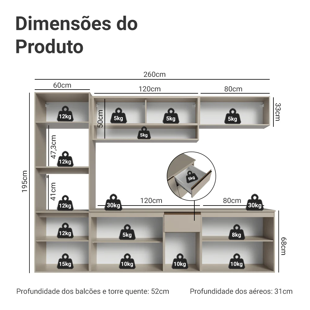 Armário de Cozinha Completa 260 cm Suspenso Crema Nice Madesa 15 - Image 3