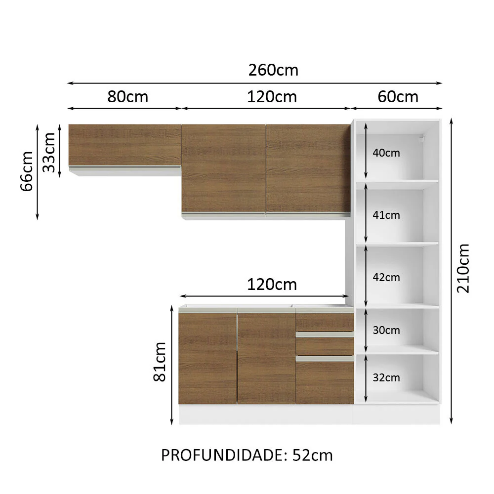 Armário de Cozinha Completa 260cm 100% MDF Branco/Rustic Acordes Madesa 04 - Image 3