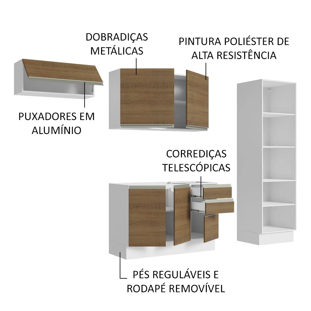 Armário de Cozinha Completa 260cm 100% MDF Branco/Rustic Acordes Madesa 04 - Image 4