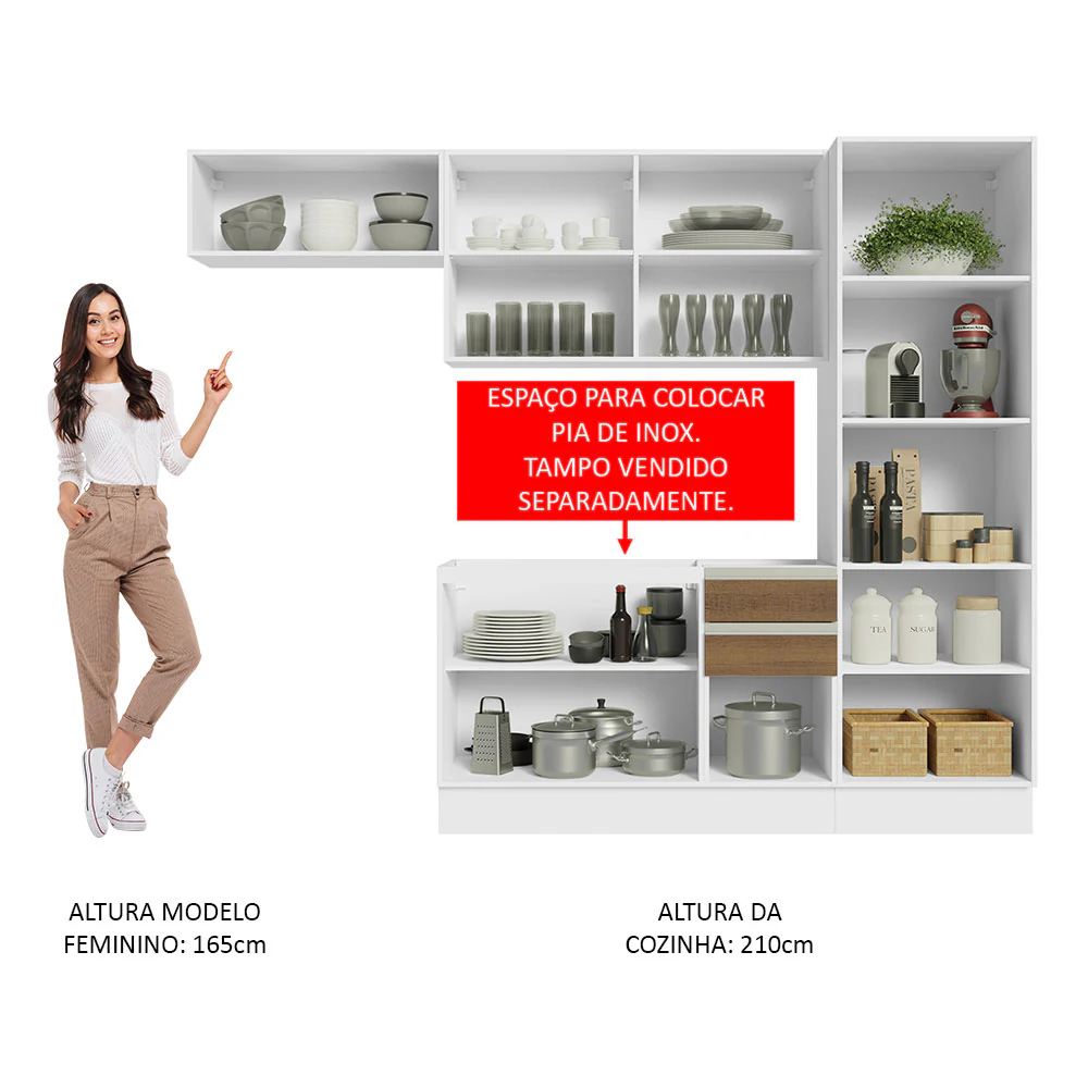Armário de Cozinha Completa 260cm 100% MDF Branco/Rustic Acordes Madesa 04 - Image 5