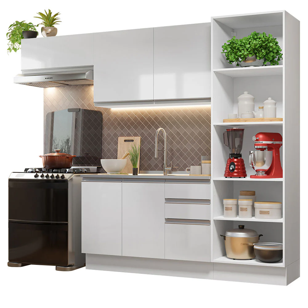 Armário de Cozinha Completa 260cm 100% MDF Frentes Branco Brilho Acordes Madesa 04 - Image 2