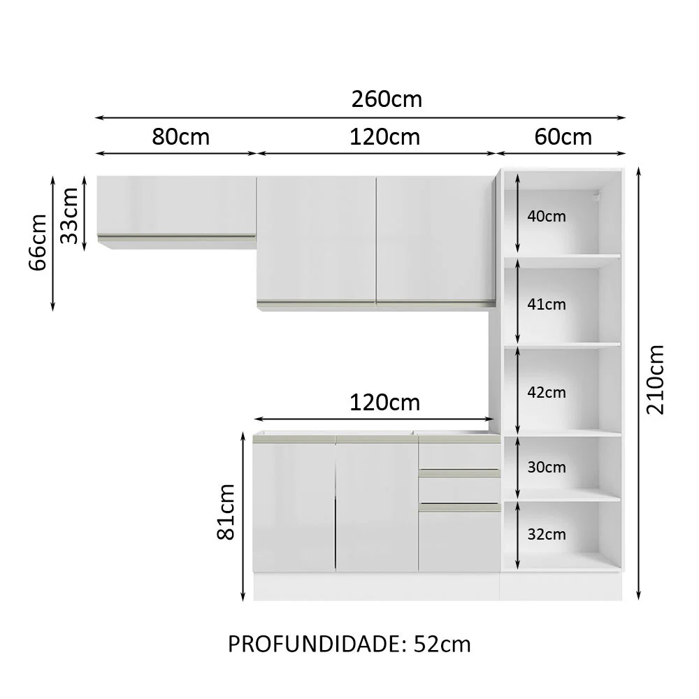 Armário de Cozinha Completa 260cm 100% MDF Frentes Branco Brilho Acordes Madesa 04 - Image 3