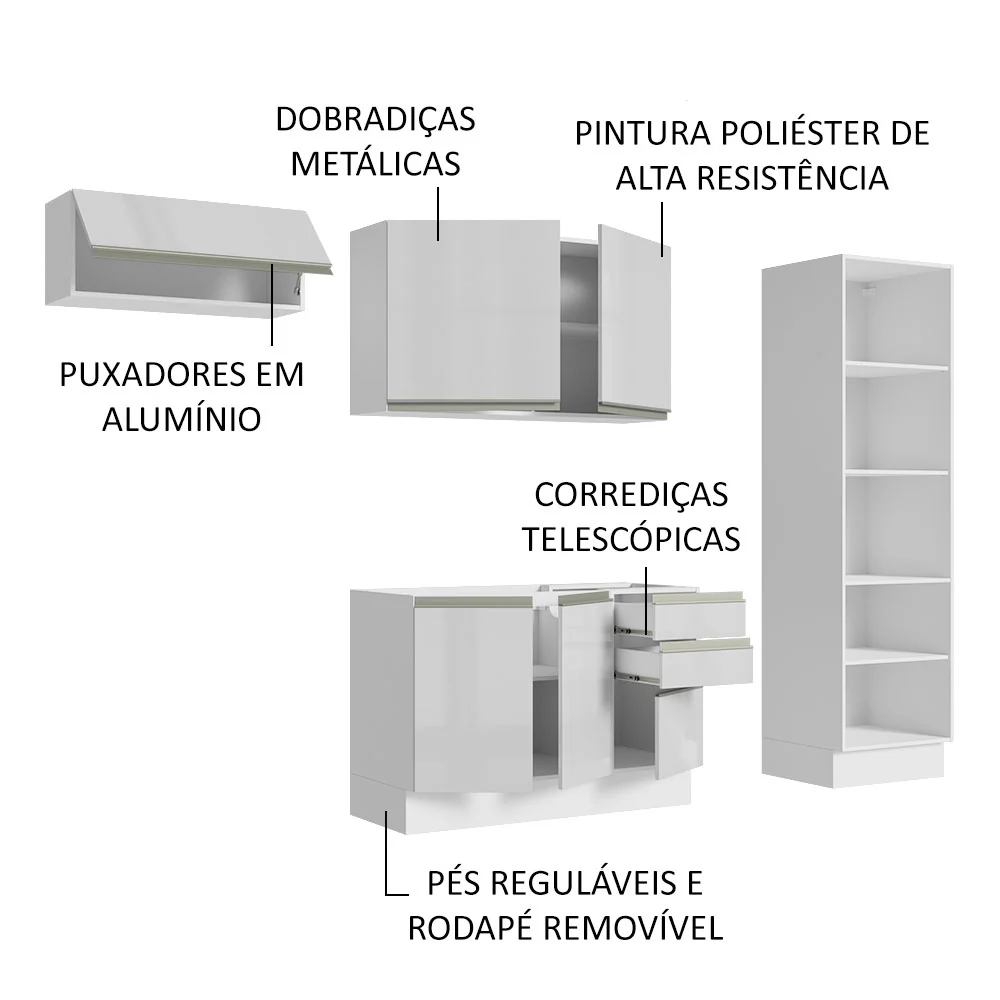 Armário de Cozinha Completa 260cm 100% MDF Frentes Branco Brilho Acordes Madesa 04 - Image 4