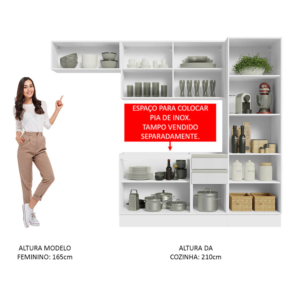 Armário de Cozinha Completa 260cm 100% MDF Frentes Branco Brilho Acordes Madesa 04 - Image 5