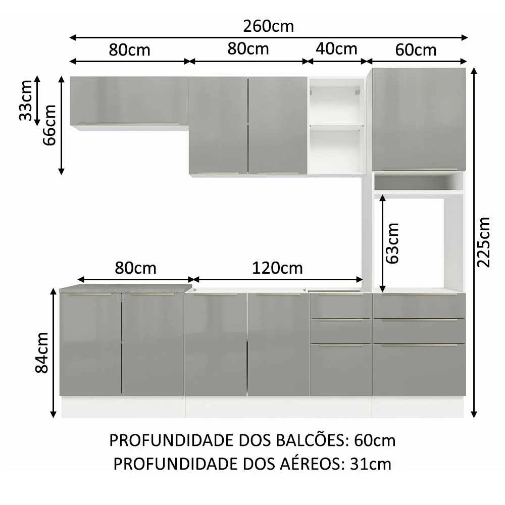 Armário de Cozinha Completa 260 x 60 cm Branco/Cinza Lux Madesa 08 - Image 3