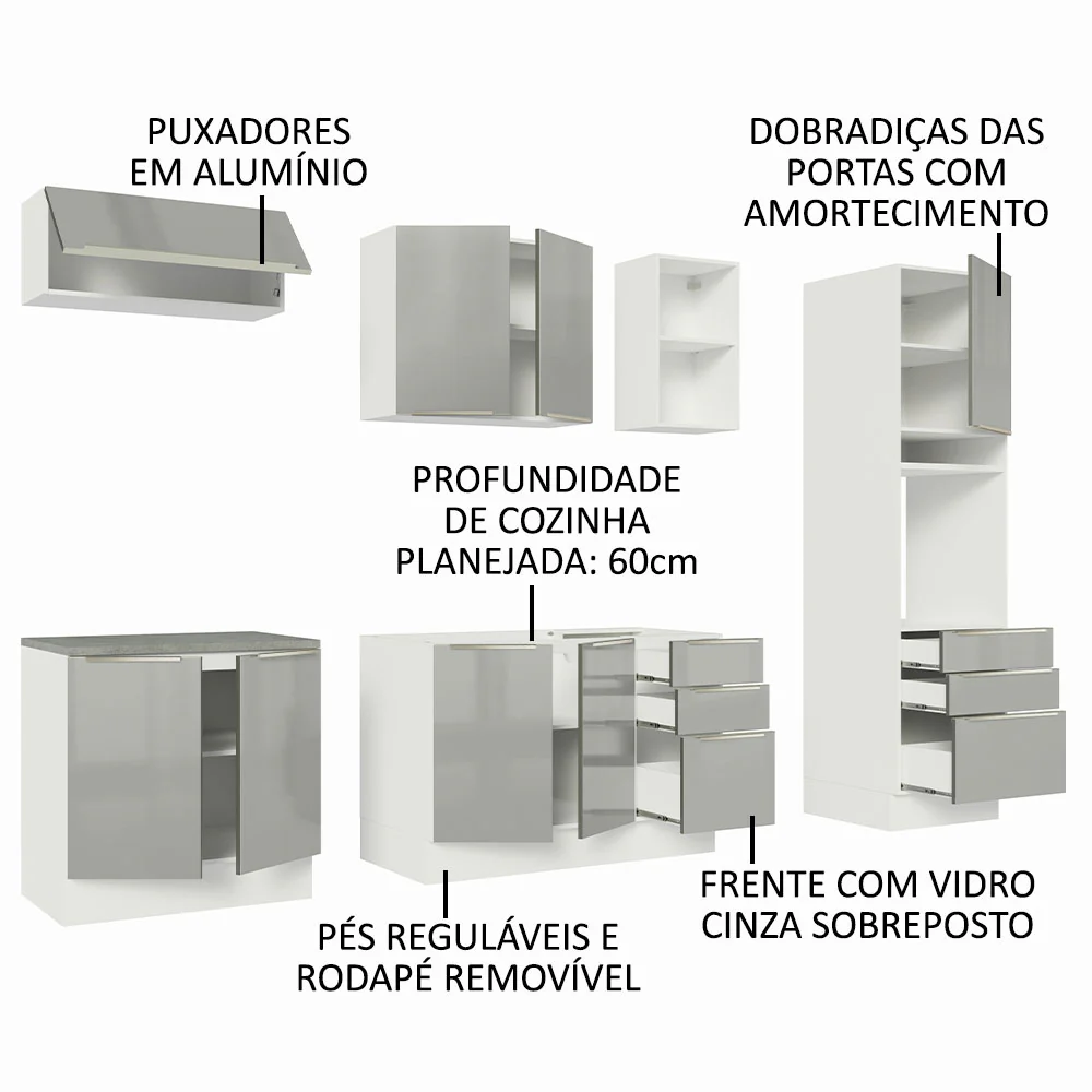 Armário de Cozinha Completa 260 x 60 cm Branco/Cinza Lux Madesa 08 - Image 4