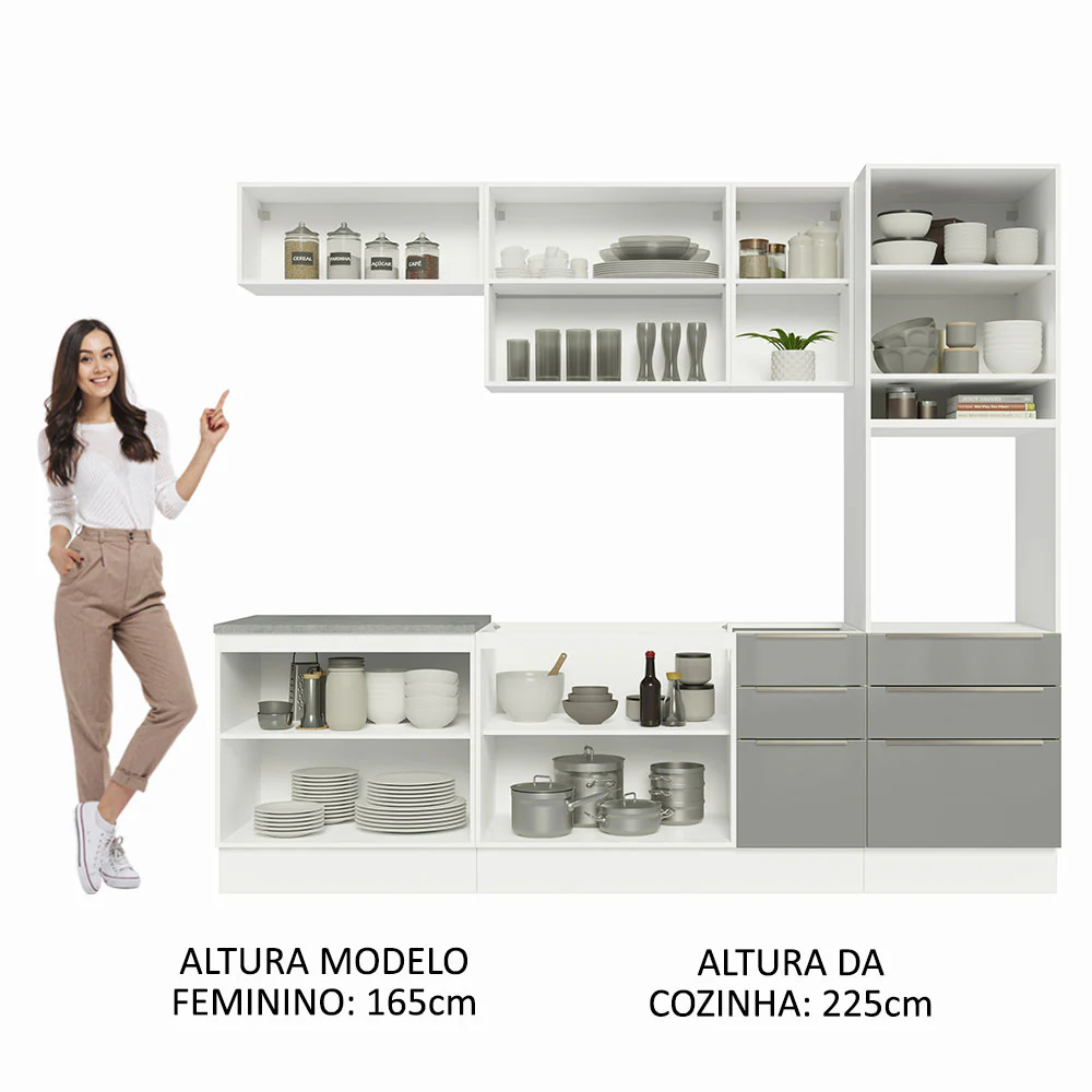 Armário de Cozinha Completa 260 x 60 cm Branco/Cinza Lux Madesa 08 - Image 5